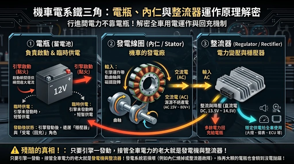 機車電系鐵三角運作原理圖：發電線圈、整流器與電瓶的關係