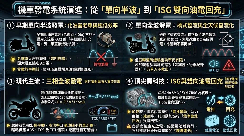 新世代機車減少電瓶容量以降低磁阻負載，提升引擎效能的原理