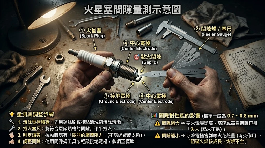 機車改裝維修使用標準厚薄規量測與校正火星塞物理間隙 (Gap)，確保精準擊穿電壓