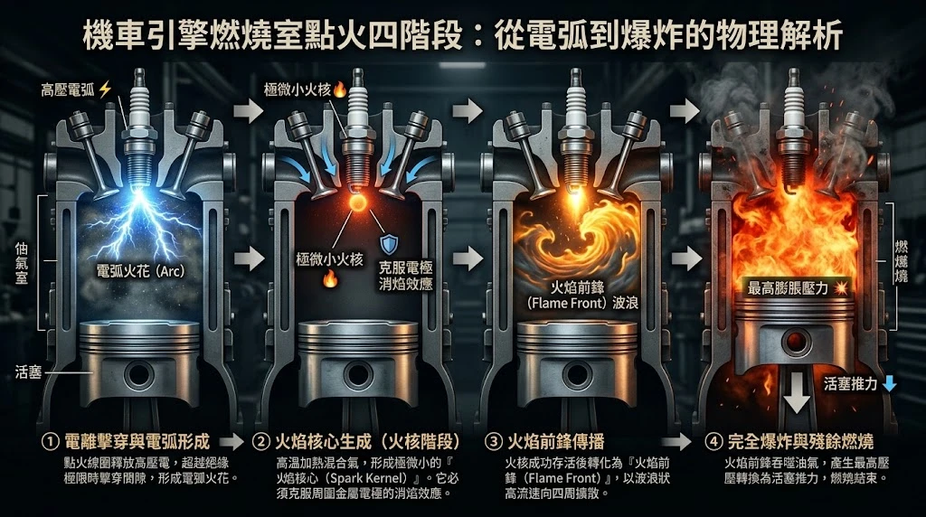 機車引擎燃燒室火星塞火焰擴散與火核生成動態圖，從電弧擊穿到火焰前鋒傳播的三階段物理歷程