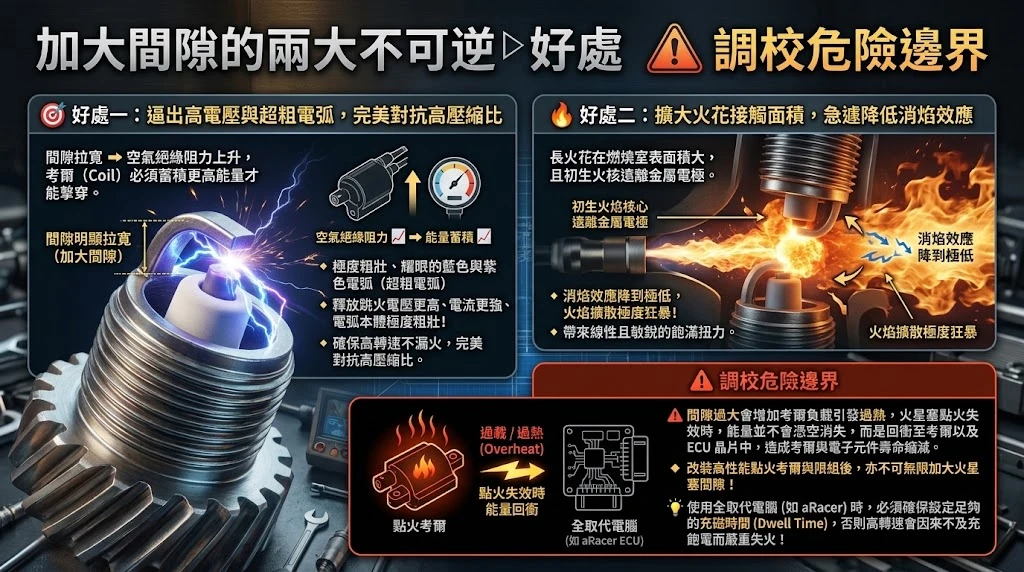 火星塞刻意加大間隙後之電弧強度與火核擴散體積對比，搭配加強考爾逼出狂暴電弧