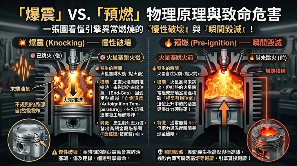 機車燃燒室爆震 Knocking 與預燃 Pre-ignition 物理發生時機對比，火星塞異常燃燒破壞力解析
