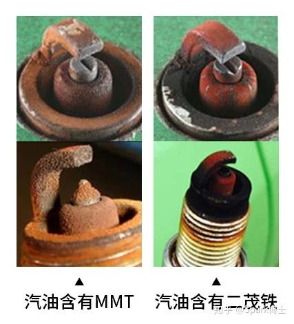 遭受二茂鐵與 MMT 劣質金屬添加劑汙染的機車火星塞，引發表面漏電與引擎失火 (Misfire)