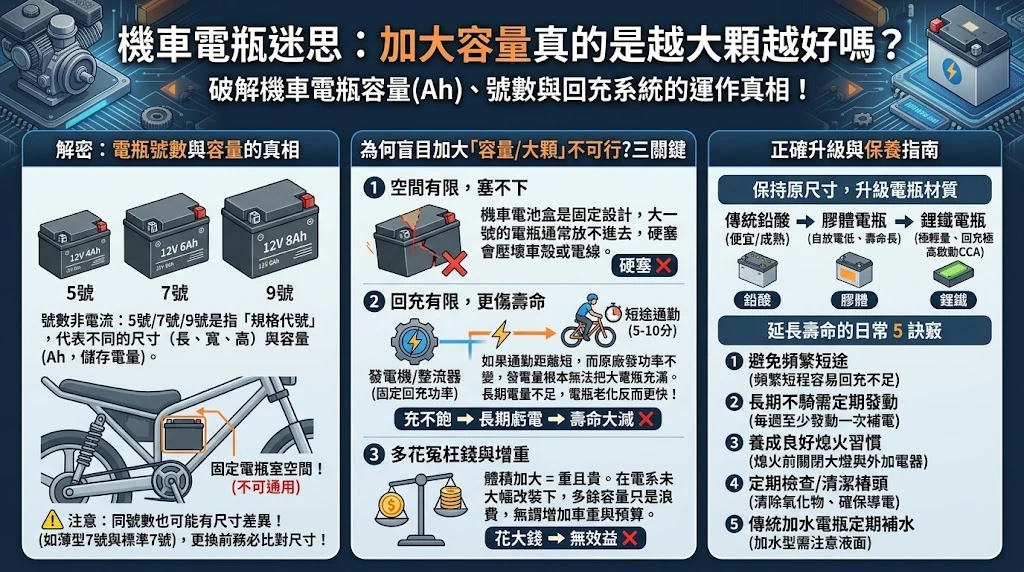《機車加大電瓶真的是好事嗎？破解 Ah 容量與 CCA 規格深層迷思＆四大廠 85 款電瓶型號總表》