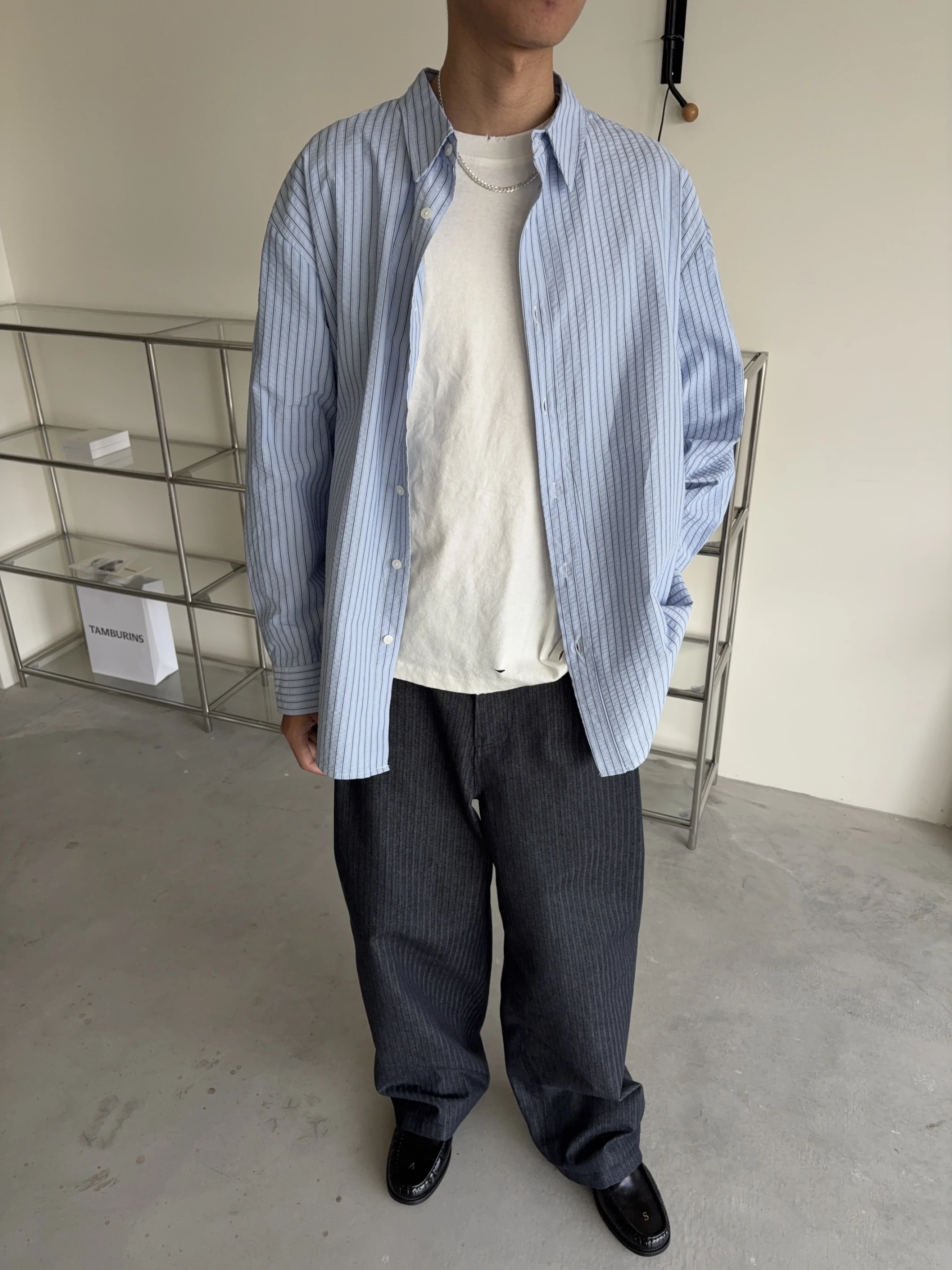 [現貨]OK65/ 泡泡紗直條紋長袖襯衫