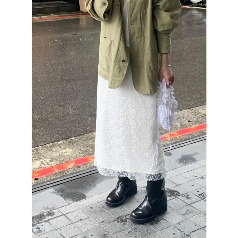 [預購] 韓國LEUS白色繡花蕾絲網布中長裙 代購