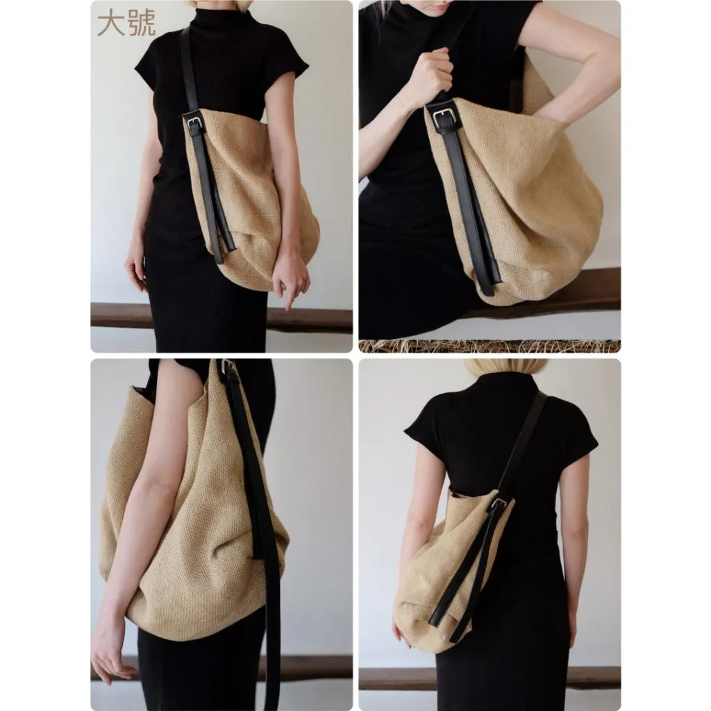 [預購] 韓國AT MY FINGERTIP麻拼接牛皮背帶肩背斜背包  大/中 carryall 代購