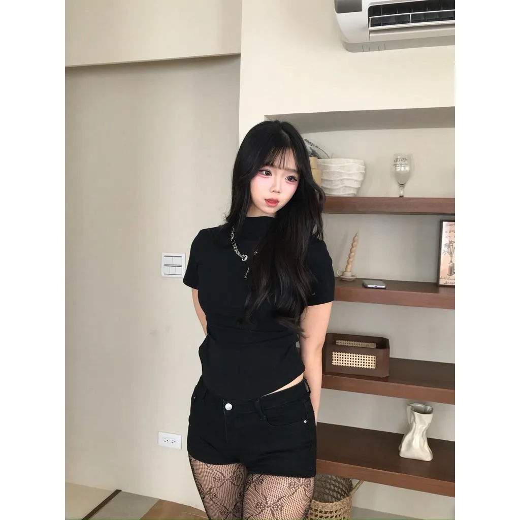 現貨秒出[LONGCOOL]半高領純棉頂級收腰女版上衣韓系 純慾 法式 美式 日純棉 落肩 寬鬆 短版 修身 夏季 穿搭