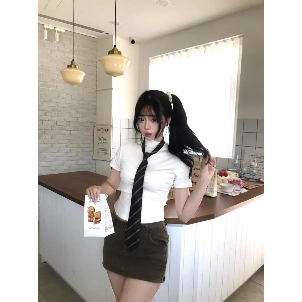 現貨秒出[LONGCOOL]半高領純棉頂級收腰女版上衣韓系 純慾 法式 美式 日純棉 落肩 寬鬆 短版 修身 夏季 穿搭