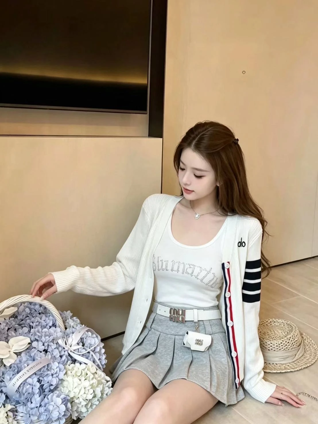 美式學院燙鑽百褶四件套