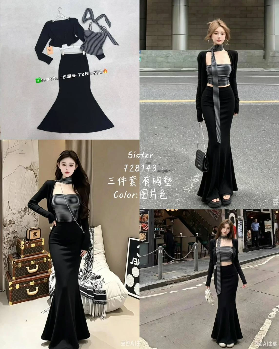 黑月光條紋魚尾三件套