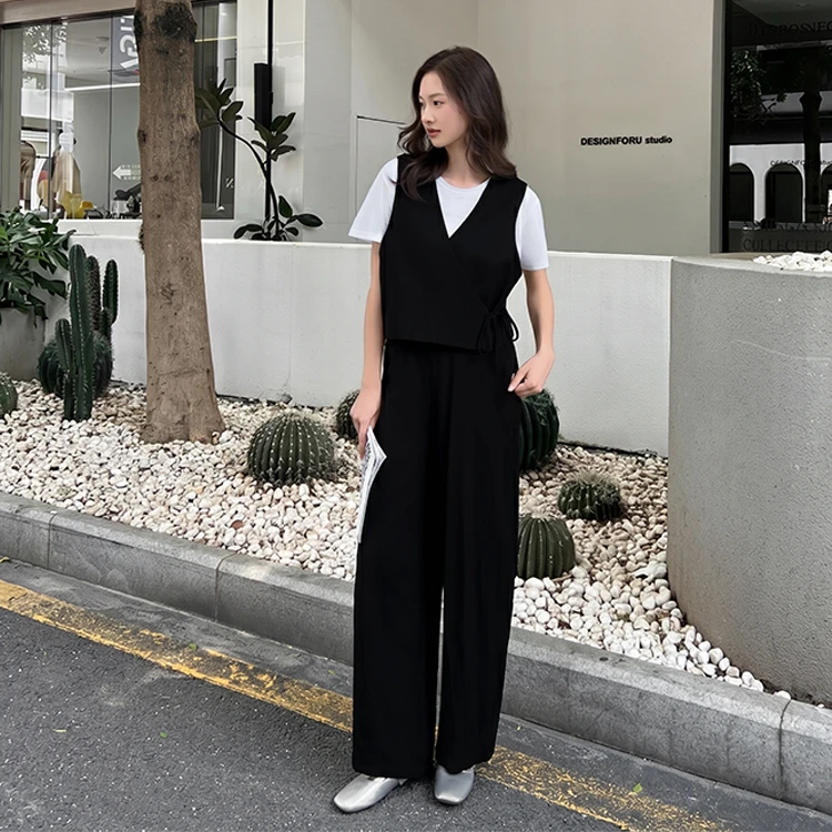 夏日極簡高級感爆發｜交叉綁帶馬甲高腰闊腿女套裝