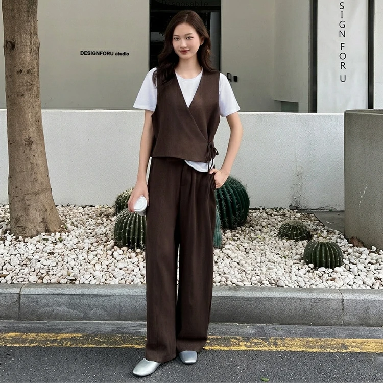 夏日極簡高級感爆發｜交叉綁帶馬甲高腰闊腿女套裝
