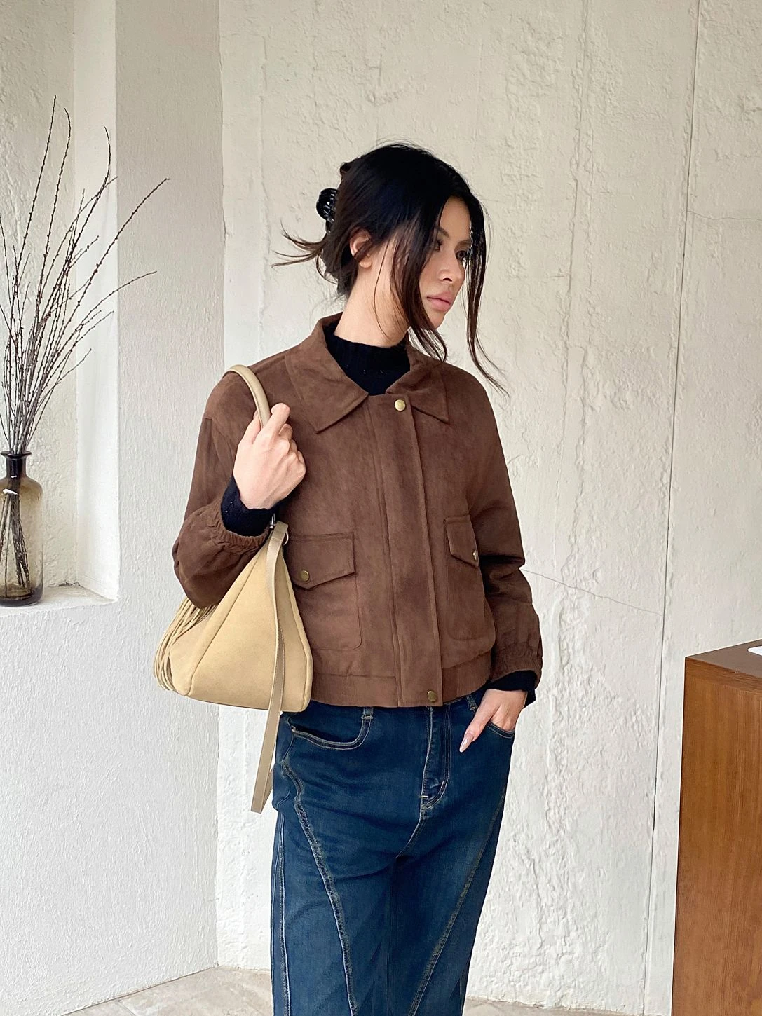 復古麂皮感雙口袋短版外套