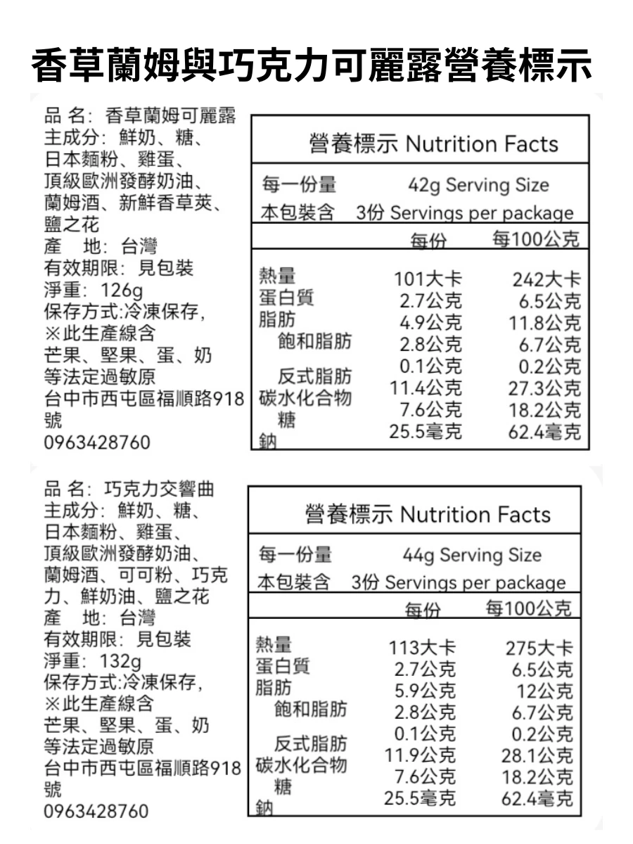 可麗露雙拼組合｜香草蘭姆與巧克力可麗露的營養標示組合