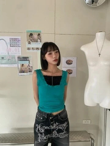 LYLO KR選品｜S19 Lace Femme 蕾絲修身寬肩背心_綠