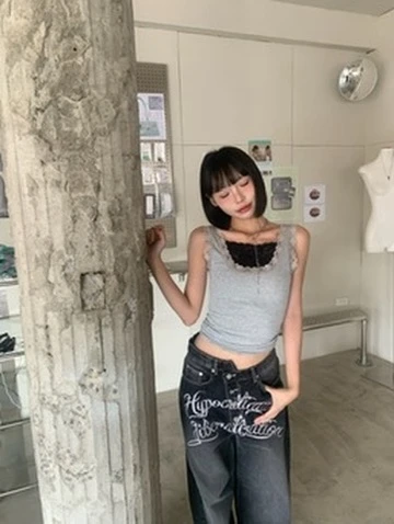 🇰🇷KS1 19 Lace Femme 蕾絲修身寬肩背心_灰