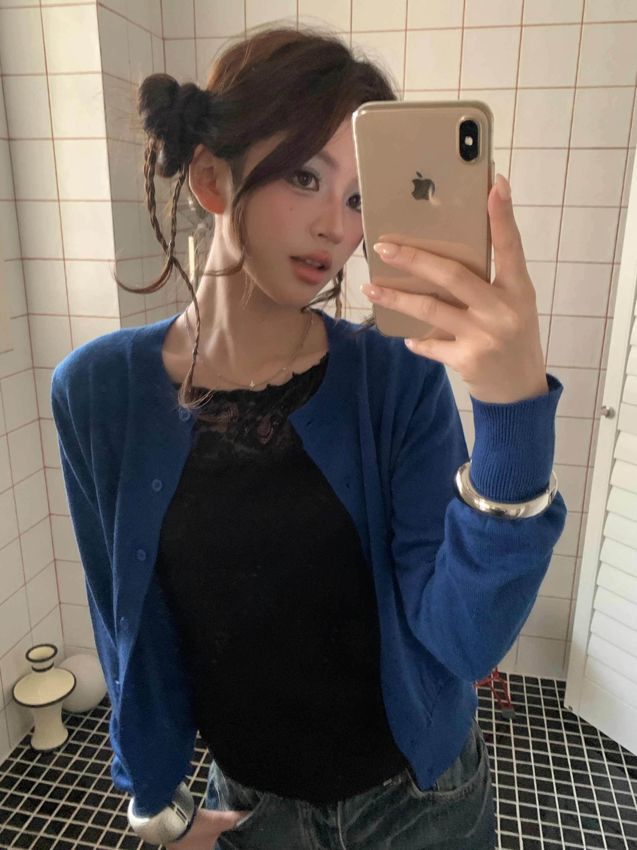 棉柔感密針織罩衫_藍