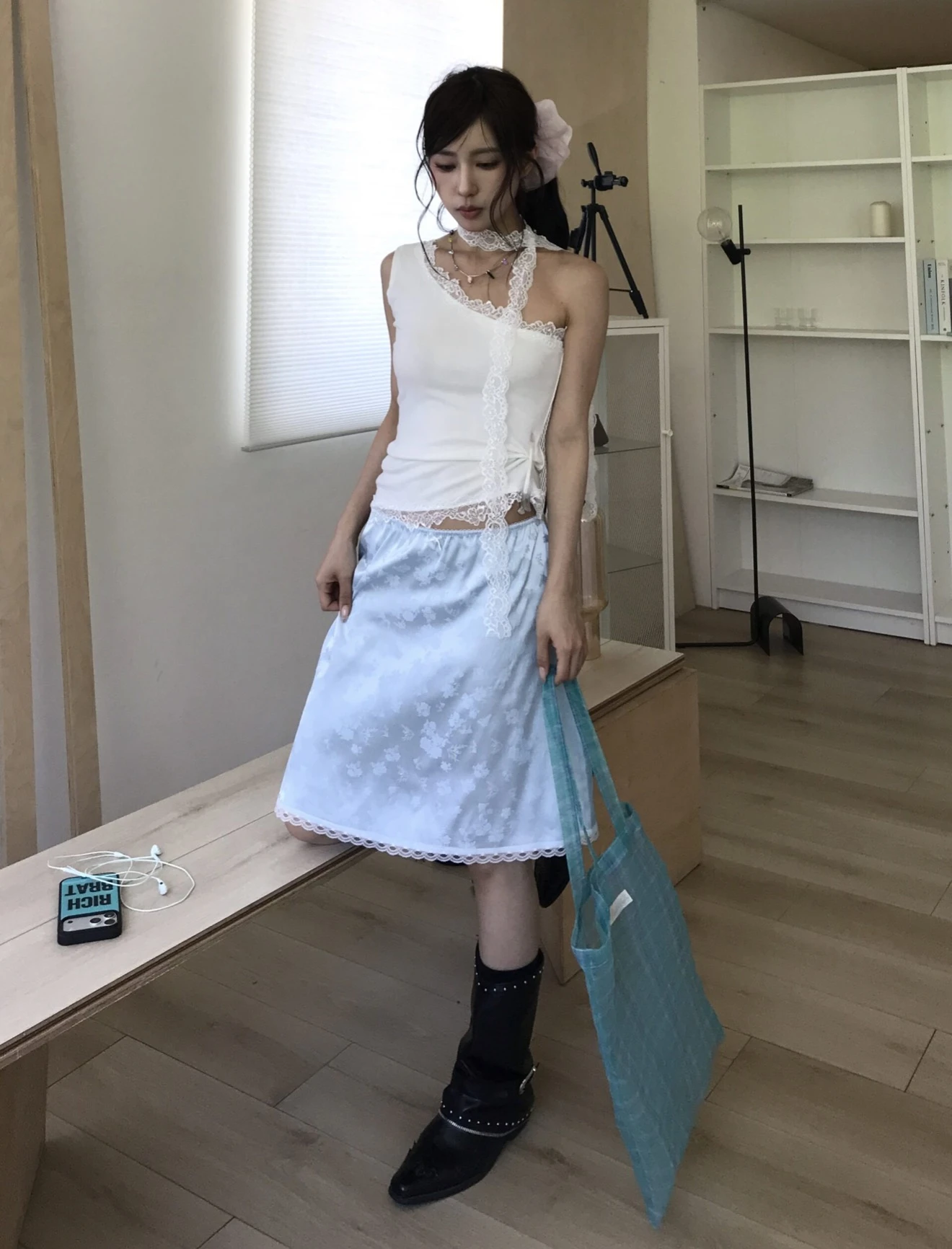 🇰🇷KJ1 718 印花輕薄蕾絲五分裙