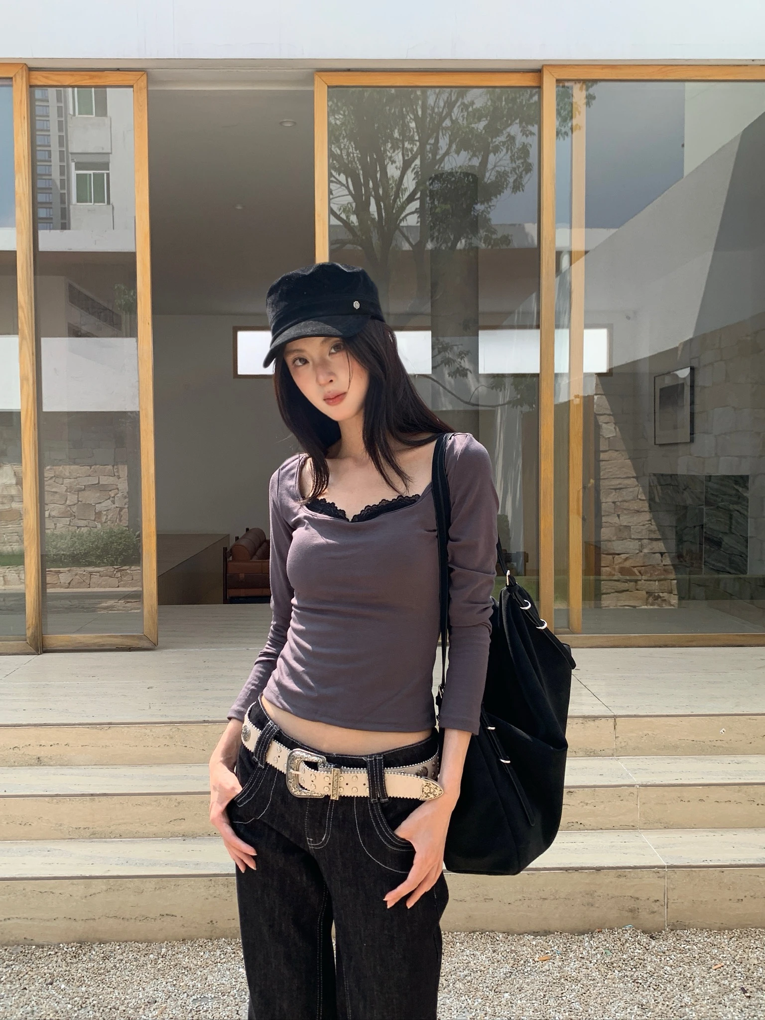 CO4 05 Colorblock Built-in 撞色 BRA TOP 長袖＿灰