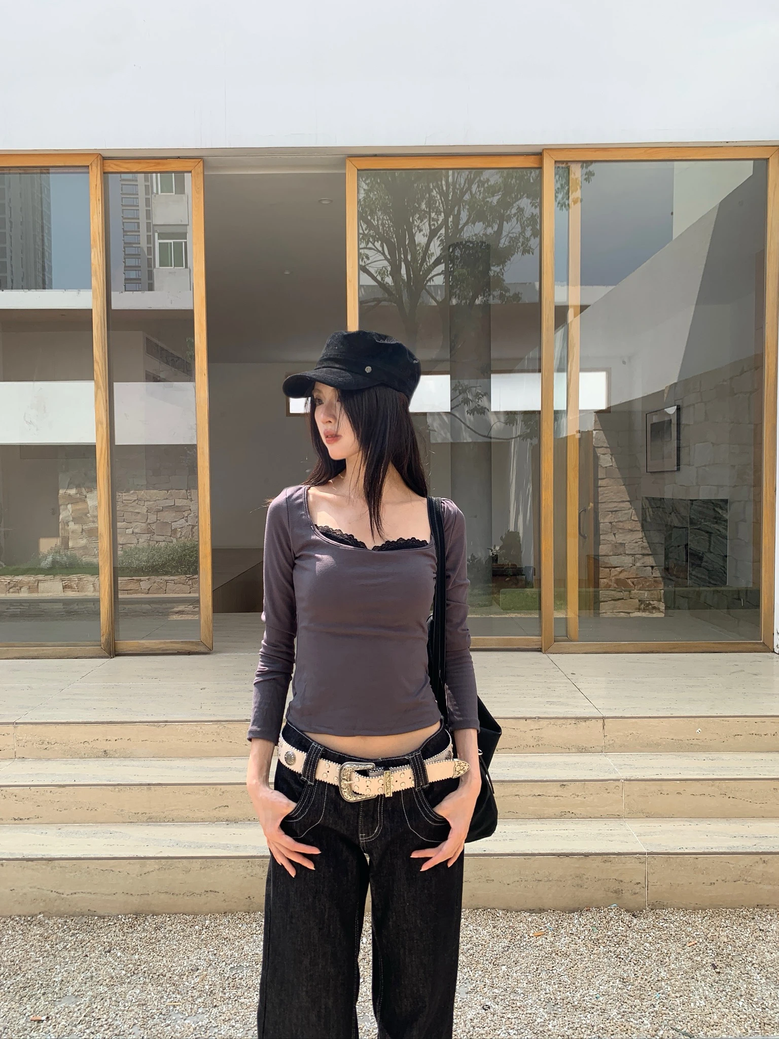 CO4 05 Colorblock Built-in 撞色 BRA TOP 長袖＿灰