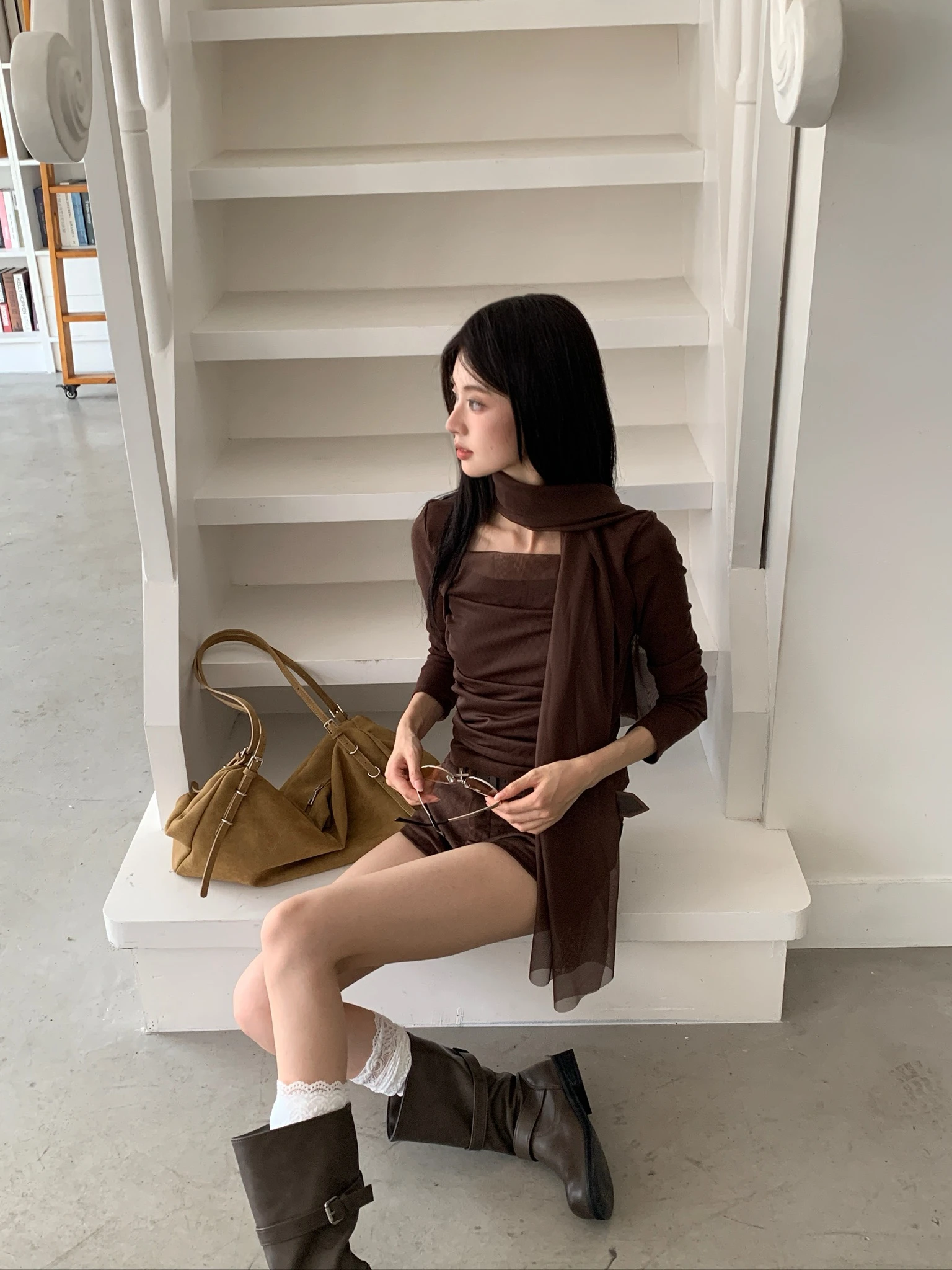 CO4 07 Scarf Layered 絲巾疊搭兩件套＿咖
