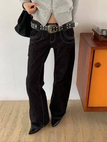 CO4 17 Black Gold Double-Button 甜酷直筒牛仔褲＿黑