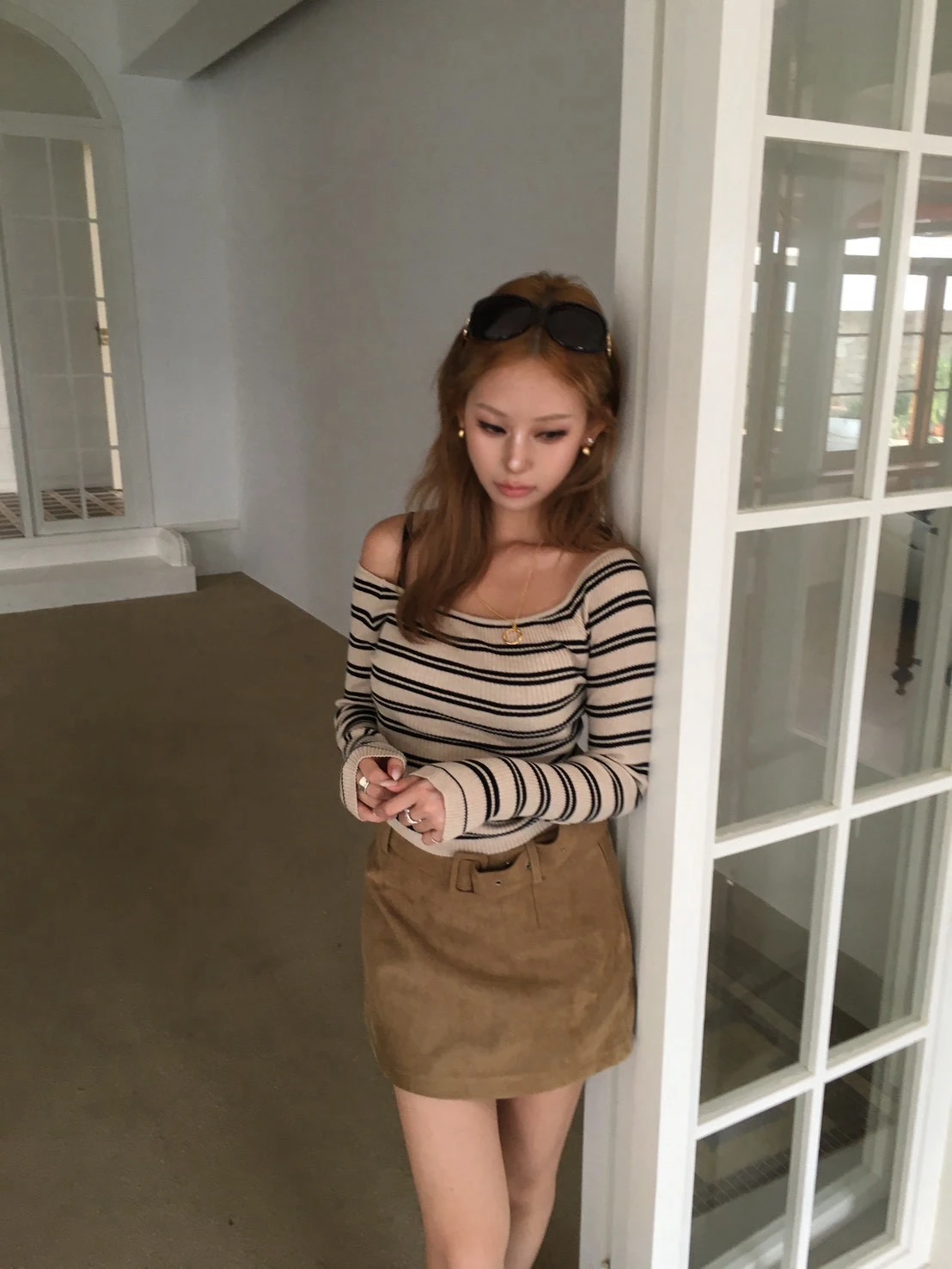 CO4 06 Striped Off-Shoulder 條紋一字領＿杏