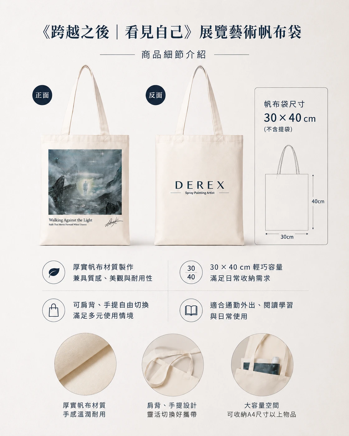 《跨越之後|看見自己》展覽藝術帆布袋尺寸與材質