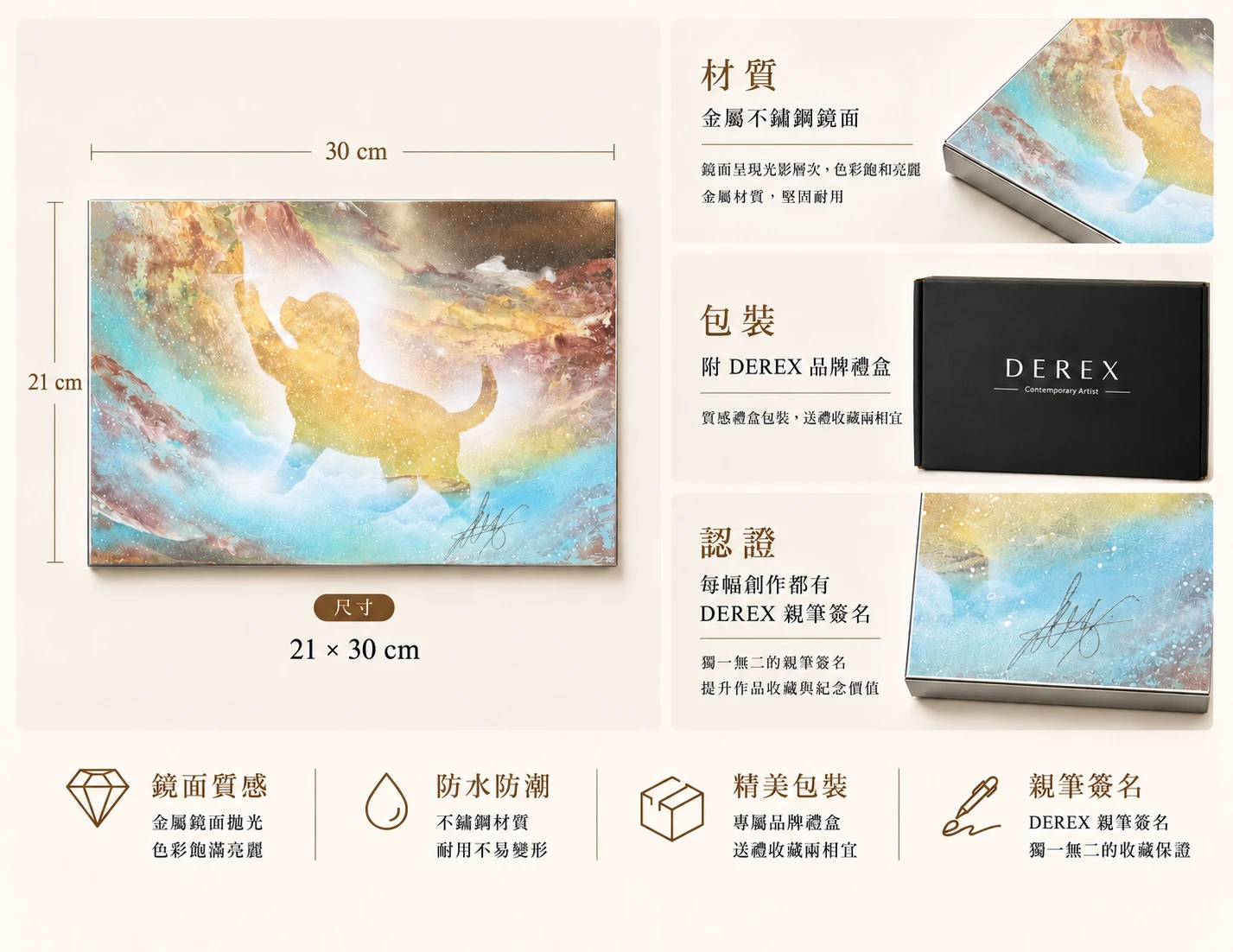 國際當代藝術家DEREX戴永恩親手創作噴畫藝術禮盒《守候狗狗》尺寸與內容物