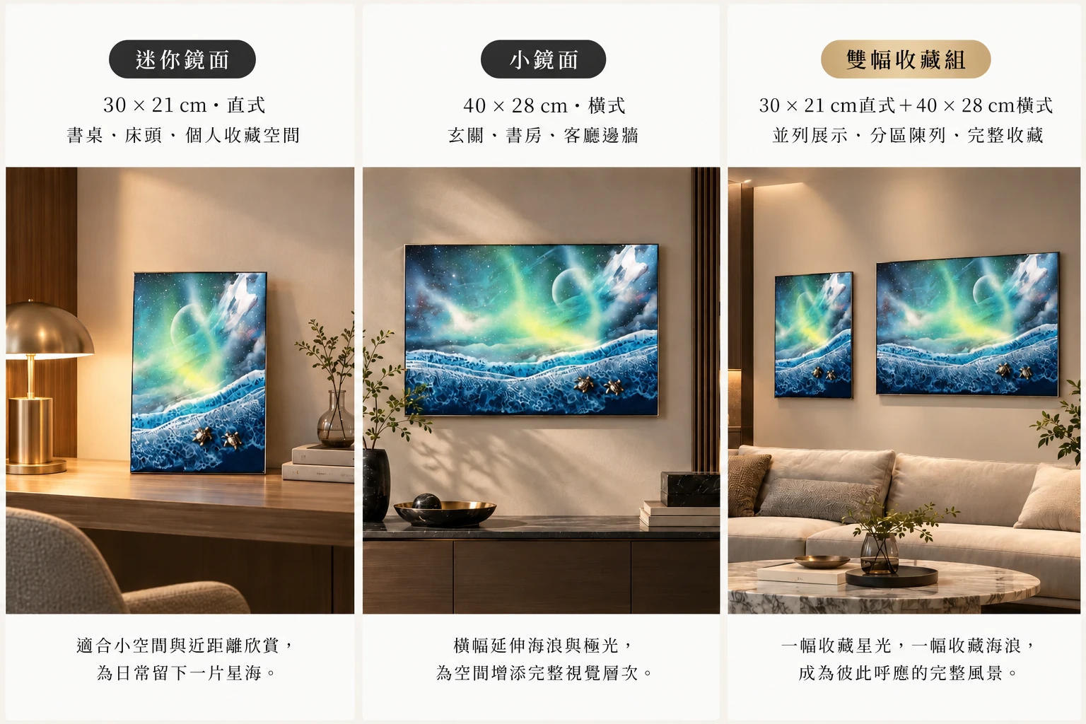 極光星海聯名藝術品尺寸與空間搭配，展示30 &times; 21公分直式迷你幅、40 &times; 28公分橫式小幅及雙幅收藏組的居家擺設效果。