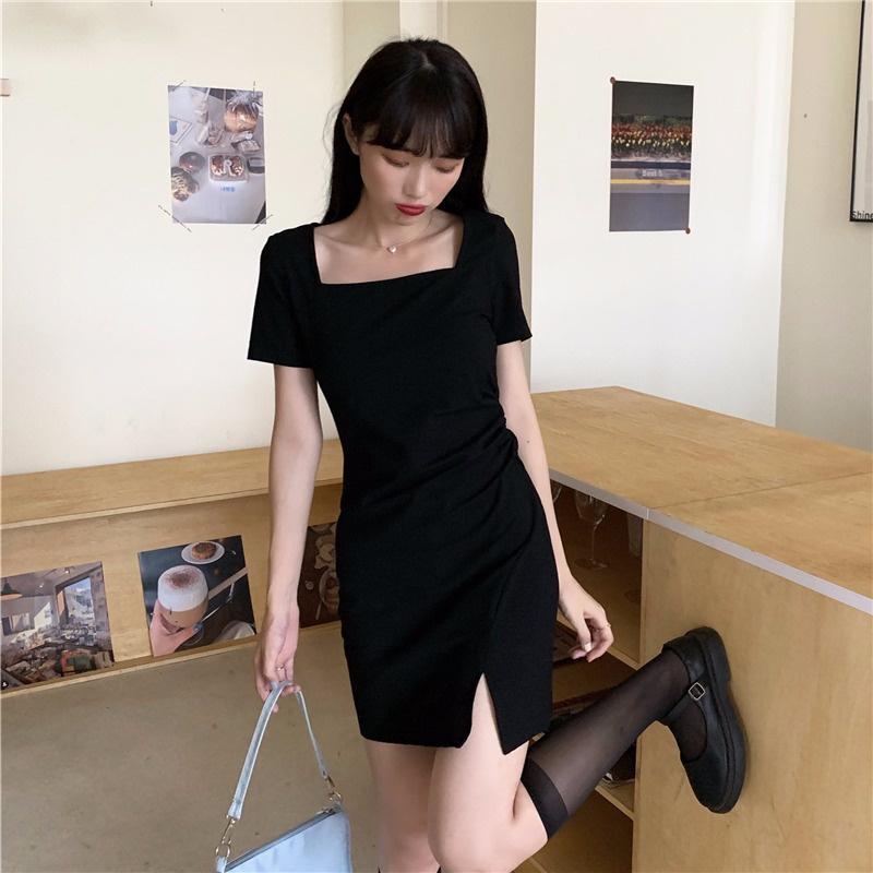 CU｜O45 顯瘦氣質小黑裙～復古赫本風方領顯瘦小黑裙/短裙/開叉裙/連身裙