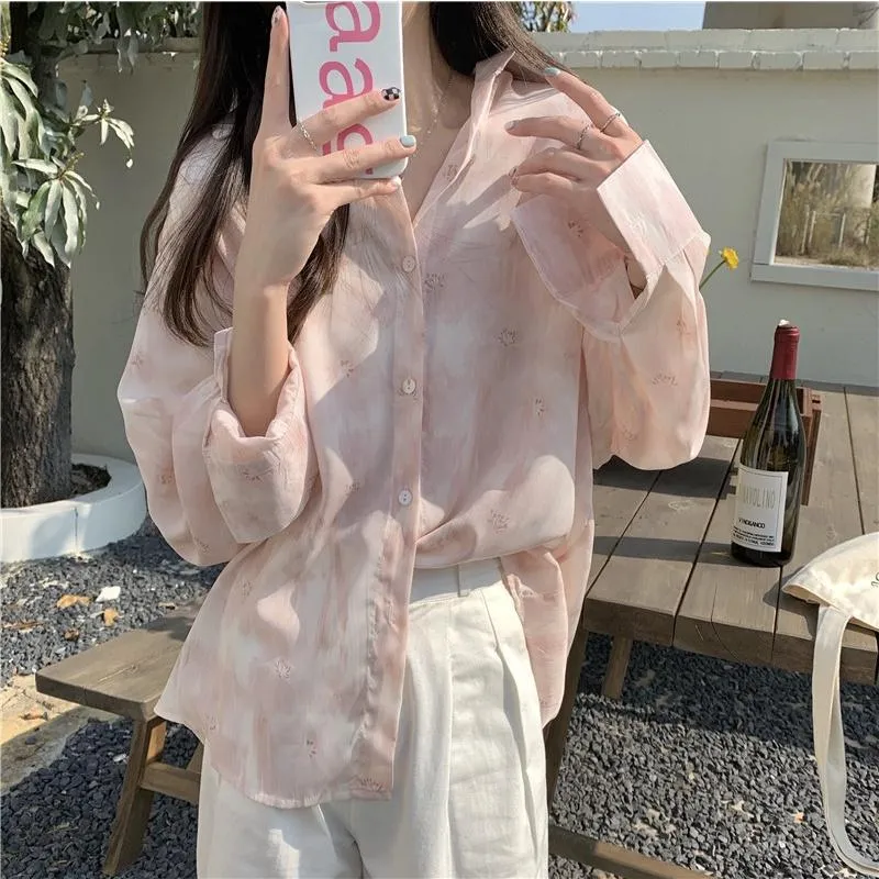 CU｜M32 溫柔漸變粉色💗仙氣百搭寬鬆扎染翻領襯衫上衣/長袖襯衫/雪紡衫