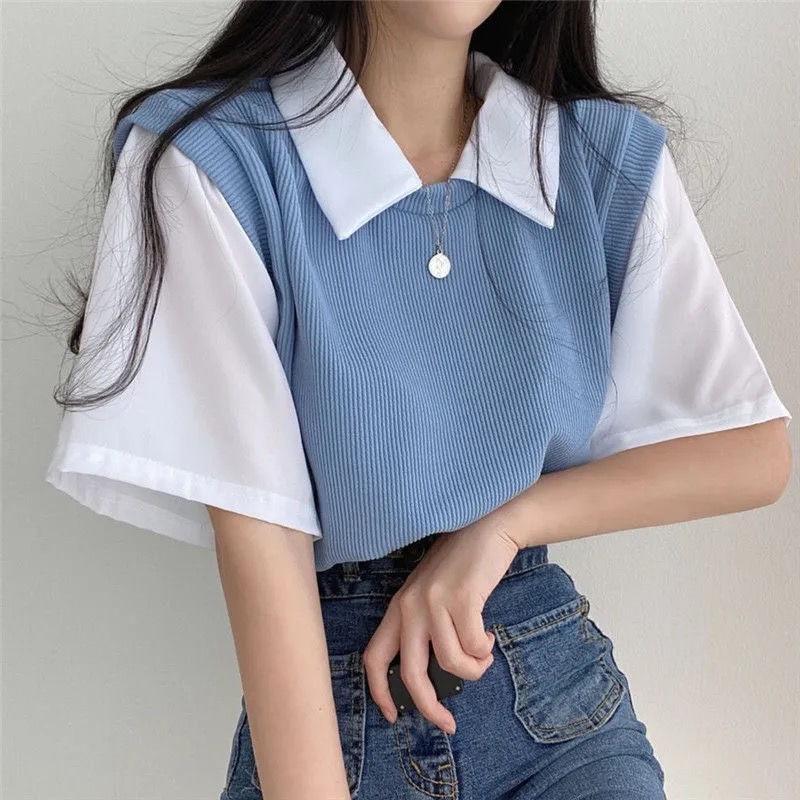 CU｜O18 翻領假兩件🖤polo領學院風簡約撞色短袖T恤上衣～短袖襯衫上衣