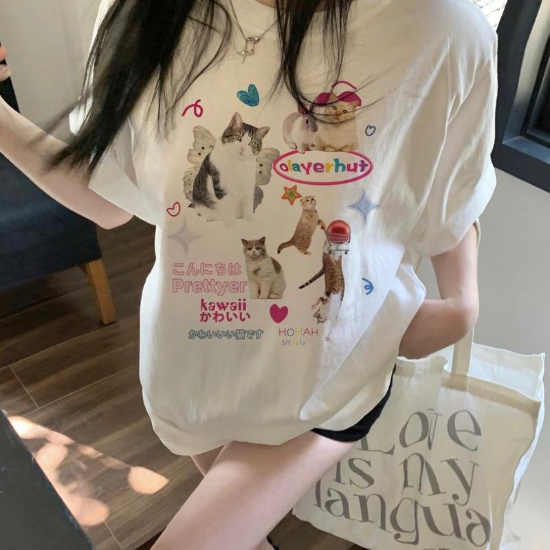 CU｜P40 CU🇰🇷貓咪拼圖🐈日系可愛元素集一身～寬鬆短袖T恤上衣/大學T