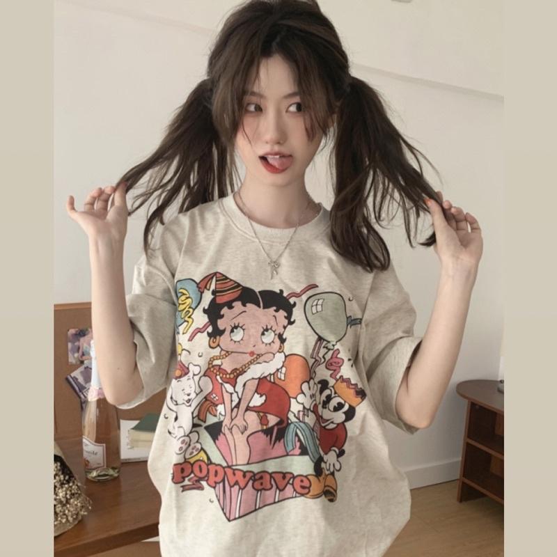 CU｜Q49 CU🇰🇷 現貨秒出🔥貝蒂女郎派對🎉美式復古卡通寬鬆短袖休閒圓領T恤上衣/大學T
