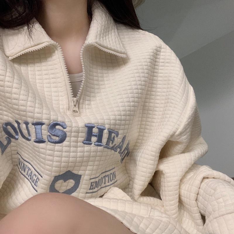 CU｜W04 華夫格polo領百搭衛衣🌹鬆餅格拉鏈立領寬鬆百搭長袖T恤上衣/大學T