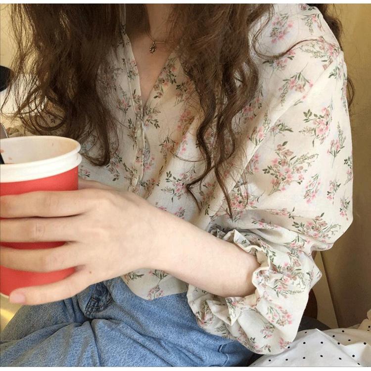 CU｜M28 韓國鬼馬少女系🌹雜誌款清新碎花襯衫～氣質簡約領喇叭袖雪紡衫 長袖上衣