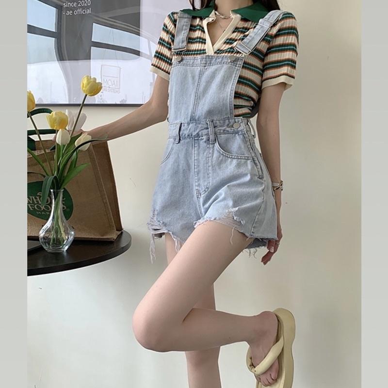CU｜T24 CU🥰現貨秒出🔥四季牛仔吊帶褲👖韓國炸街款百搭撕邊闊腿直筒吊帶褲/短褲/熱褲/連身褲