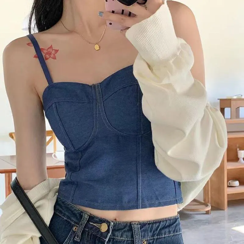 CU｜D47 甜酷辣妹牛仔細肩帶背心BRA TOP