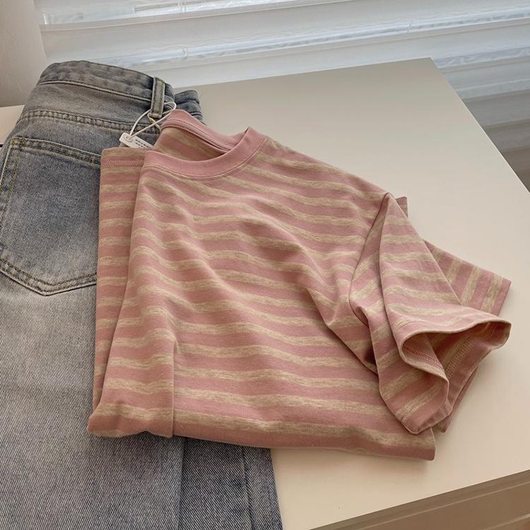 CU｜P15 CU🥰現貨秒出🔥夏日推薦💗100%純棉粉嫩條紋百搭休閒短袖t恤上衣/大學T