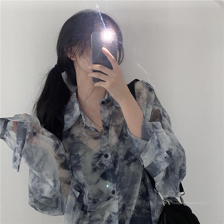 CU｜N27 吸睛注目🖤 設計感超仙扎染長袖襯衫上衣～百搭寬鬆防曬襯衫 雪紡衫