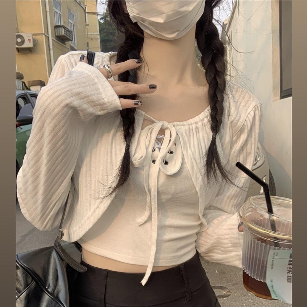 CU｜B02 四色！自留推薦超仙系～寬鬆短版綁帶長袖罩衫～防曬罩衫上衣