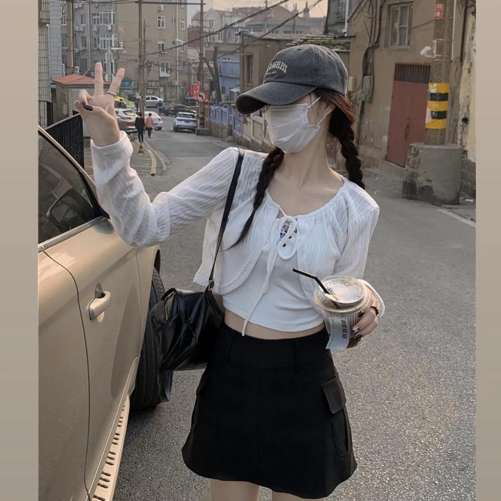 CU｜B02 四色！自留推薦超仙系～寬鬆短版綁帶長袖罩衫～防曬罩衫上衣