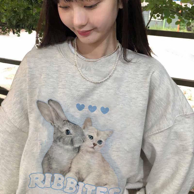 CU｜D40 可選加絨🐰集可愛於一身～兔子與貓咪寬鬆長袖T恤上衣/長袖衛衣/大學T