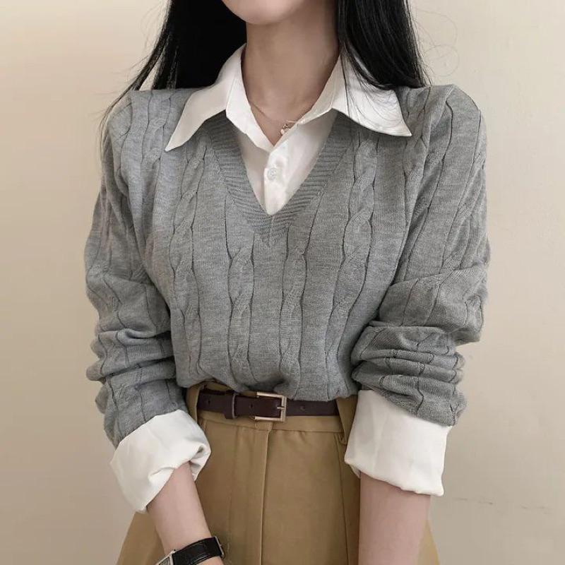 CU｜U08 CU🇰🇷現貨秒出🔥韓國學院風🖤三色 假兩件百搭拼接長袖針織衫/長袖襯衫