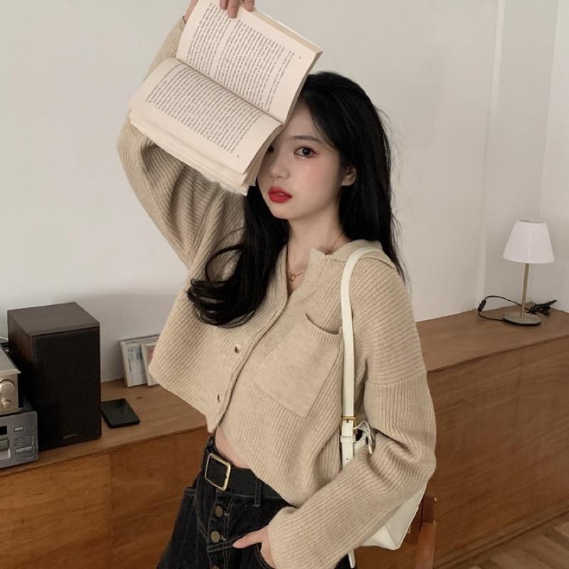 CU｜W21 CU🇰🇷現貨秒出🔥素翻領針織長袖🖤百搭素色口袋短版針織衫