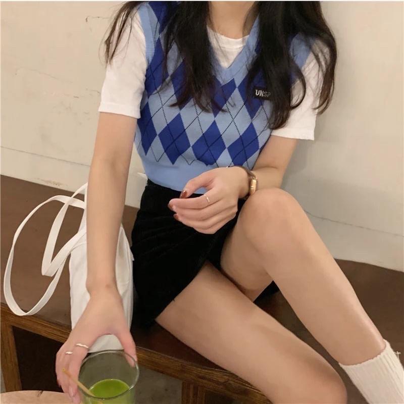 CU｜O34 藍色短款菱格馬甲背心～韓系英倫風百搭無袖上衣/針織背心