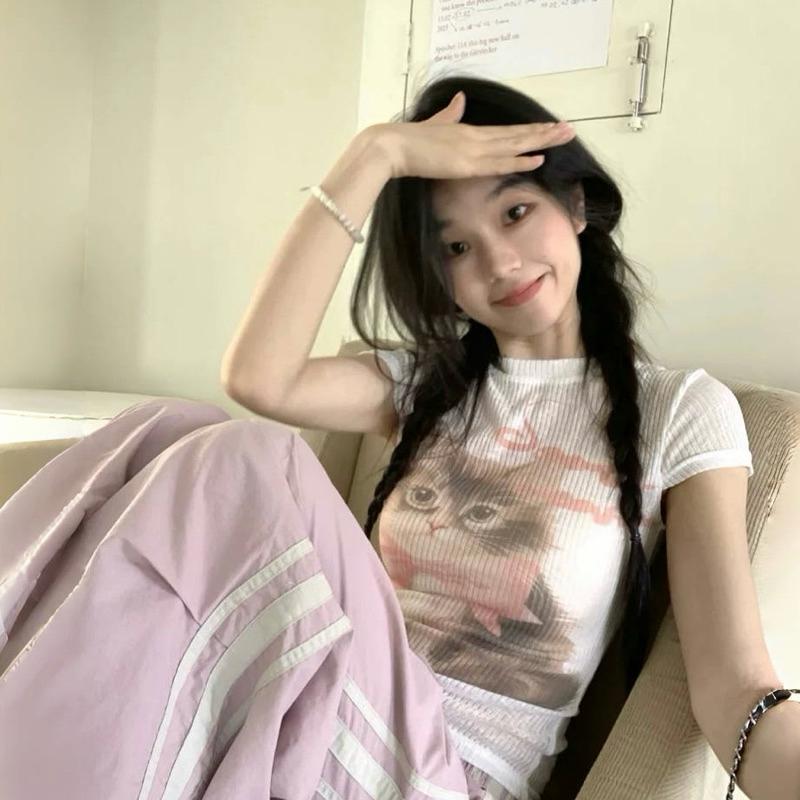 CU｜D124 ❤️‍貓咪坑條印花上衣🐈修身顯瘦 短袖T恤上衣