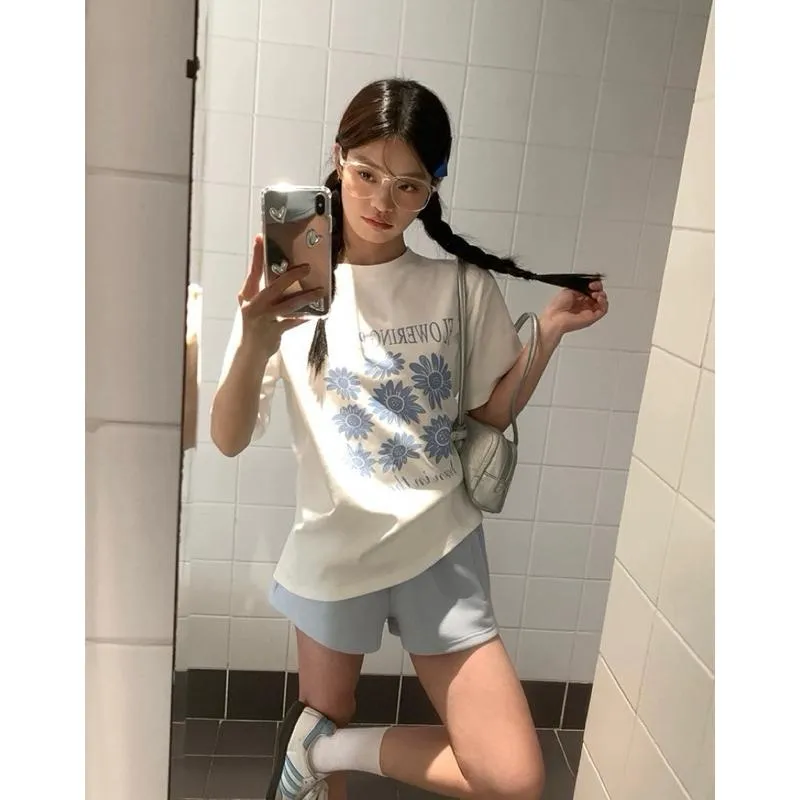 CU｜B185 詩意小雛菊🌼清新百搭印花寬鬆T恤上衣 大學T 印花T恤 短袖上衣